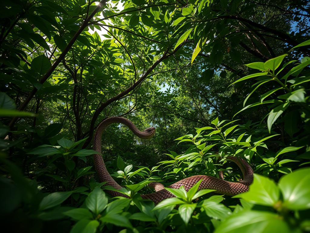 snake hiding in dense vegetation