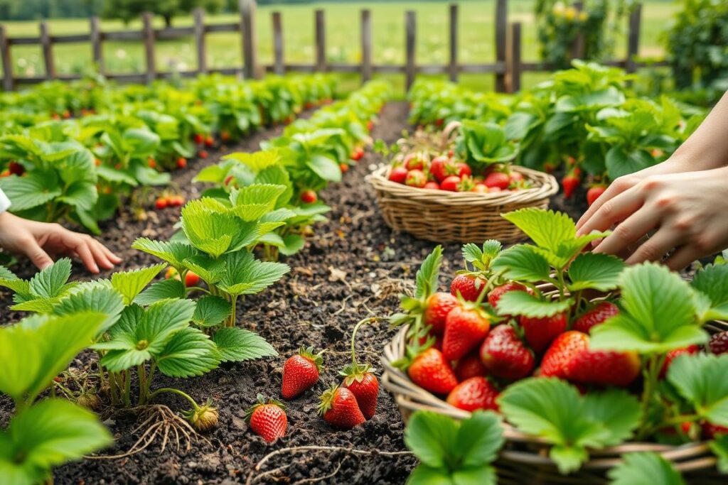 A lush spring garden under soft, diffused light. In the foreground, a gardener's hands carefully planting vibrant green strawberry plants, their roots delicately nestled into the rich, dark soil. Behind them, rows of established strawberry plants, their leaves verdant and glossy, bearing clusters of plump, ripe strawberries in various stages of maturation. In the middle ground, a basket overflows with freshly harvested strawberries, their ruby-red hues gleaming. In the background, a wooden fence partially obscures a verdant landscape, hinting at the bountiful promise of the season to come.