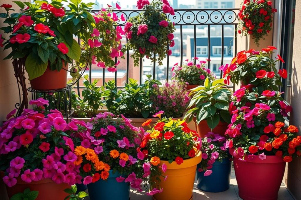 A lush, thriving balcony garden with a variety of colorful flowers in vibrant containers. The foreground features a mix of blooming plants like petunias, marigolds, and geraniums cascading over the edges of the pots. The middle ground showcases larger, architectural plants like fuchsias and begonias, creating depth and visual interest. In the background, a wrought-iron railing frames the scene, with a glimpse of a city skyline or neighboring buildings beyond. Warm, directional lighting casts soft shadows, highlighting the textures and colors of the flowers. The overall mood is one of abundance, tranquility, and the joy of urban gardening.