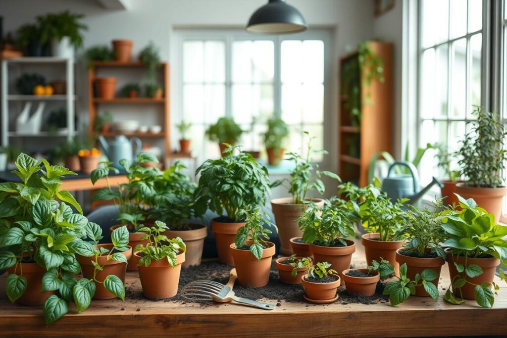 A quaint, well-lit indoor garden scene with a variety of potted plants and herbs, artfully arranged on a wooden table. In the foreground, a selection of terra cotta pots and planters of varying sizes, filled with lush greenery, such as leafy lettuces, compact tomato plants, and fragrant herbs like basil and rosemary. The middle ground features a mix of potting soil, gardening tools, and a watering can, creating a sense of a beginner's container gardening setup. The background showcases a bright, airy room with natural light streaming in through large windows, highlighting the vibrant colors and textures of the plants. The overall composition conveys a sense of calm, nurturing, and the potential for bountiful harvests, perfect for a beginner's container gardening guide.