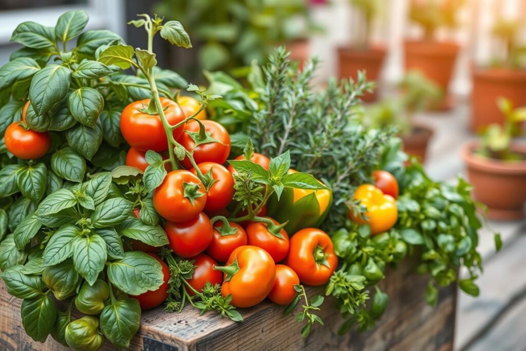 A well-lit, close-up photograph of a container garden overflowing with lush, thriving vegetables. In the foreground, a variety of leafy greens, plump tomatoes, and vibrant bell peppers spill out of a rustic wooden planter. In the middle ground, a mix of herbs like basil, thyme, and rosemary add pops of color and texture. The background is softly blurred, hinting at a serene outdoor setting with a few potted plants in the distance. The lighting is natural and diffused, creating a warm, inviting atmosphere that showcases the beauty and abundance of the container garden.