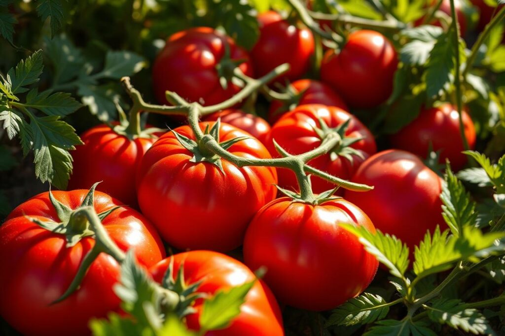 A bountiful harvest of freshly picked, vibrant red beefsteak tomatoes glistening in the warm afternoon sunlight. The plump, juicy fruits are nestled among lush green foliage, their stems firmly rooted in a well-tended garden bed. Soft, diffused lighting casts gentle shadows, highlighting the intricate textures and ridges of the tomatoes' skin. The scene exudes a sense of abundance and the promise of delicious, homegrown goodness, perfect for creating the ultimate sandwich or salad. A shallow depth of field draws the viewer's focus to the star of the image - the exceptional beefsteak tomatoes, the ideal choice for the discerning home gardener.