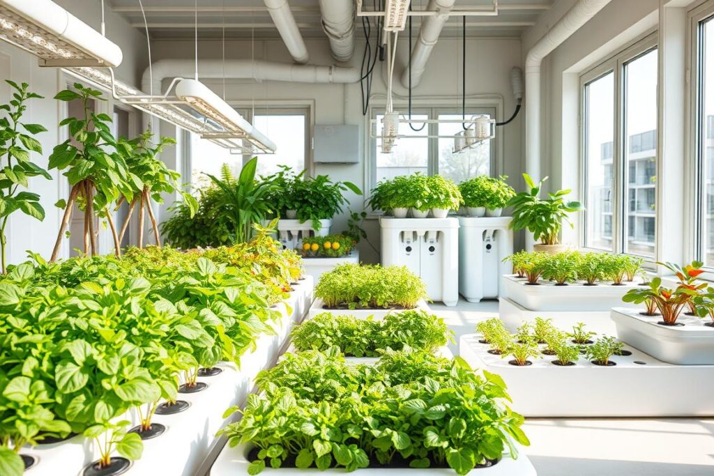 A bright, airy indoor hydroponic garden showcasing a variety of lush, thriving plants grown in a clean, modern setup. The foreground features an array of neatly arranged planters and grow beds, with an assortment of leafy greens, herbs, and vibrant vegetables. The middle ground showcases the hydroponic system components, including clean, minimalist water tanks, LED grow lights, and sleek, well-organized plumbing. The background depicts large windows allowing natural light to filter in, creating a warm, inviting atmosphere. The overall scene conveys a sense of self-sufficient, sustainable food production in a stylish, high-tech domestic setting.