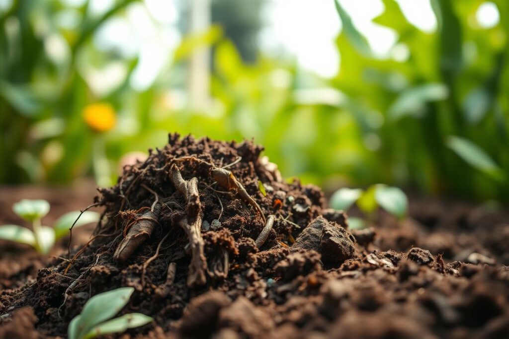 A close-up photograph of a handful of rich, dark-brown soil in a lush garden, revealing its intricate texture and composition. The soil is teeming with life, with visible roots, decomposing organic matter, and a diverse array of microorganisms. The image is captured with a shallow depth of field, allowing the foreground to be in sharp focus while the background fades into a soft, blurred greenery. The lighting is natural and diffused, casting a warm, earthy tone that enhances the soil's organic qualities. The camera is positioned at a slight angle, providing a dynamic and engaging perspective that invites the viewer to appreciate the complexity and importance of this fundamental garden element.