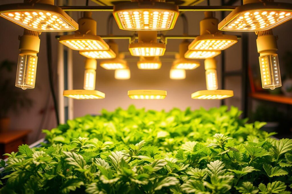 A close-up view of several LED grow lights arranged in a grid formation, casting a warm, vibrant glow over a lush, verdant hydroponic garden. The lights are suspended from a sleek, minimalist frame, their efficient LED bulbs emitting a balanced spectrum of light to nourish the thriving plants below. The scene conveys a sense of controlled, scientific precision within a domestic setting, with the lights' precise illumination and the garden's orderly layout suggesting an optimal environment for cultivating fresh, healthy produce. The overall atmosphere is one of technological innovation in service of self-sustaining horticulture.