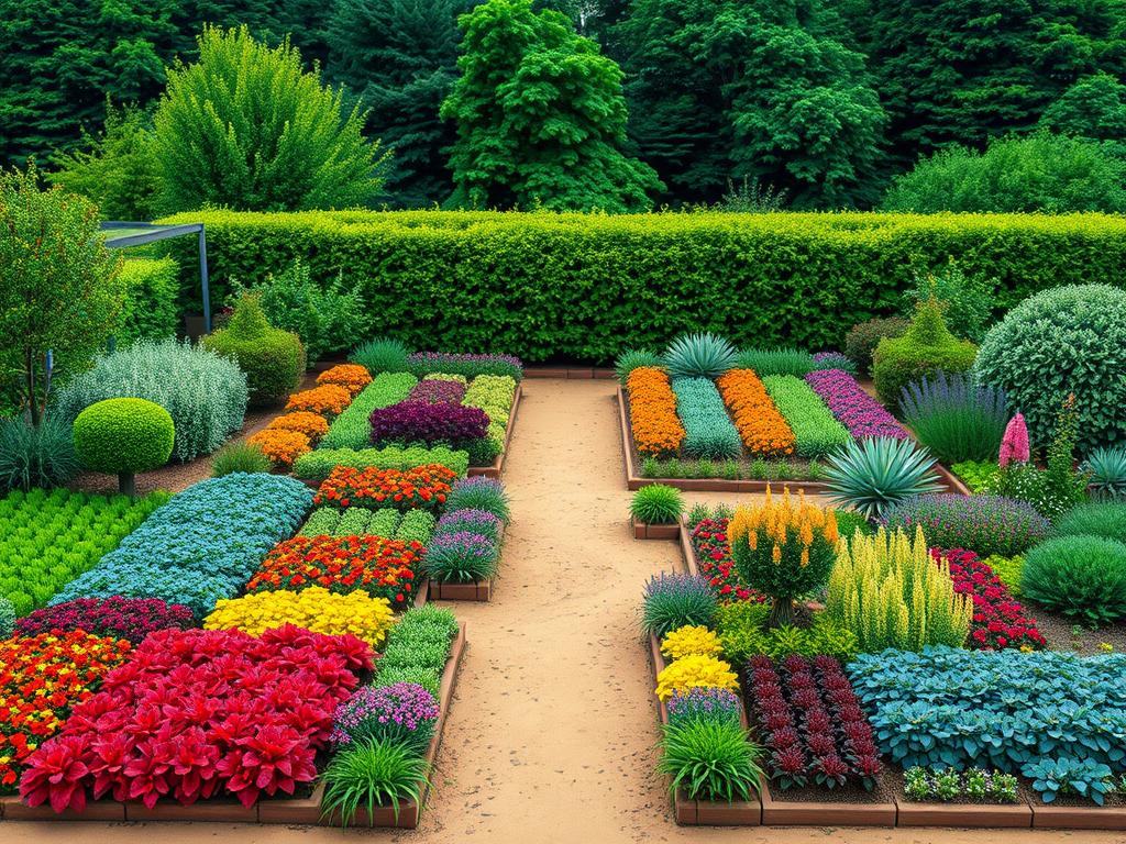 A detailed garden planning map, showcasing a lush, vibrant layout. In the foreground, a well-organized arrangement of complementary plant pairs, their colors and textures harmonizing to create a visually striking design. The middle ground features neatly divided garden beds, with pathways winding through, illuminated by warm, natural lighting. In the background, a verdant backdrop of trees and shrubs, creating a serene, inviting atmosphere. The map is rendered with a classic, hand-drawn aesthetic, blending utility and artistry to inspire the ideal companion planting strategy. Crisp lines, soft shading, and a balance of organic and geometric elements convey the thoughtful planning process behind a thriving, productive garden.