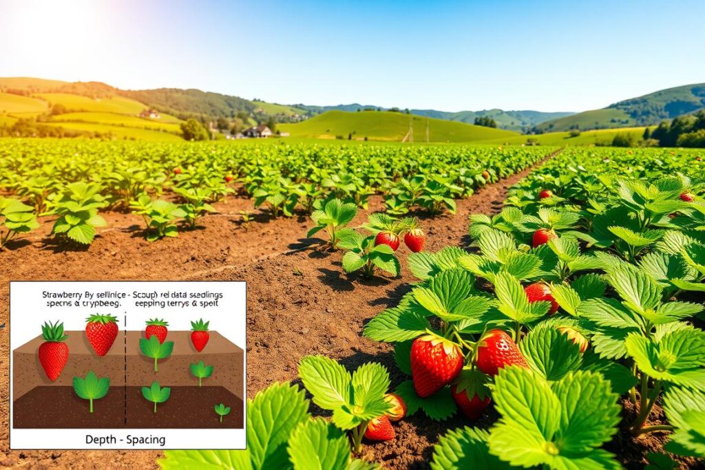 A lush, meticulously maintained garden on a bright, sunny day. In the foreground, a detailed illustration of strawberry planting techniques - demonstrating the ideal depth, spacing, and soil preparation for strawberry seedlings. The middle ground showcases a variety of strawberry plants in various stages of growth, their vibrant green foliage and plump, ripe berries glistening in the warm light. In the background, a backdrop of verdant hills and a clear blue sky, creating a serene, picturesque setting. The lighting is soft and natural, accentuating the textures and colors of the plants. The overall composition is balanced and visually appealing, inviting the viewer to immerse themselves in the process of successful strawberry cultivation.