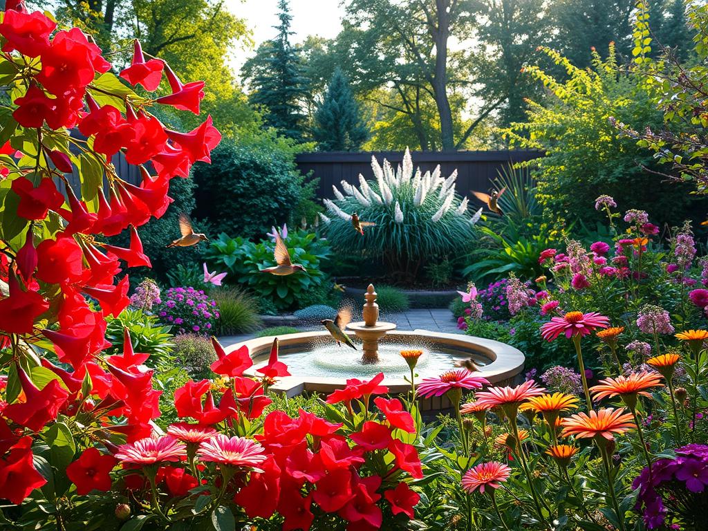 A lush, verdant backyard oasis filled with vibrant hummingbird-attracting blooms. In the foreground, a profusion of scarlet trumpet vines, fuchsias, and salvias sway gently in the warm breeze. The middle ground features a bubbling water feature surrounded by nectar-rich plants like bee balm, lantana, and zinnias, drawing the iridescent hummingbirds in for a drink. The background showcases a mix of native shrubs and trees, their delicate flowers offering plentiful pollen and nectar sources. Soft, diffused natural lighting filters through the canopy, casting a serene, magical atmosphere over the entire scene. The composition is balanced and harmonious, creating an inviting landscape that caters perfectly to the needs of these airborne jewels.