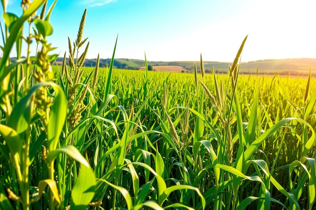 A lush, verdant field of diverse cover crops, including vibrant green legumes, robust grasses, and deep-rooted brassicas. The foreground showcases the intricate intertwining of stems and leaves, capturing the symbiotic relationship between the different plant species. In the middle ground, the crops sway gently in a soft, natural breeze, creating a mesmerizing tapestry of textures and hues. The background features a picturesque countryside, with rolling hills and a clear blue sky overhead, bathed in warm, golden sunlight that casts a gentle glow across the scene. The overall atmosphere conveys a sense of harmony, fertility, and the profound impact of cover cropping on soil health.