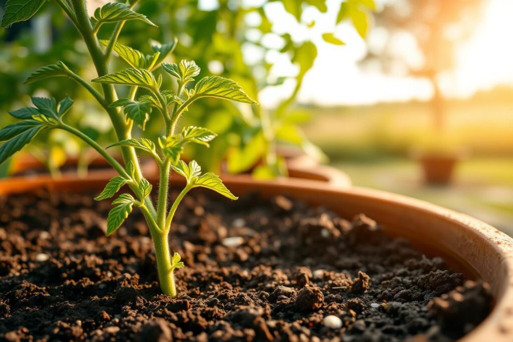 A lush, verdant garden scene, with a close-up view of a tomato plant sprouting from a rich, soil-filled planter. The foreground showcases the delicate seedling emerging from the earth, its vibrant green leaves unfurling towards the sun. The middle ground reveals the plant's sturdy stem and branching structure, hinting at the potential for juicy tomatoes to come. In the background, a blurred, out-of-focus landscape suggests a tranquil, backyard setting, with a warm, natural lighting that casts a soft, golden glow over the entire scene. The overall mood is one of growth, renewal, and the promise of a bountiful harvest.