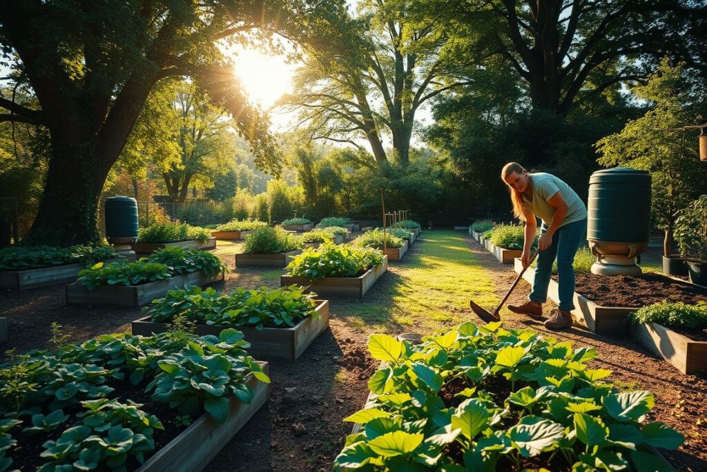 A lush, verdant garden with raised beds and winding pathways. In the foreground, a gardener tending to the soil, using a hoe to gently aerate the earth. Bright, natural sunlight filters through the canopy of trees in the background, casting a warm, golden glow over the scene. Compost bins and a rain barrel are visible, showcasing sustainable gardening practices. The atmosphere is one of tranquility and harmony, with the garden serving as a testament to the beauty and abundance that can be achieved through responsible, eco-friendly techniques.