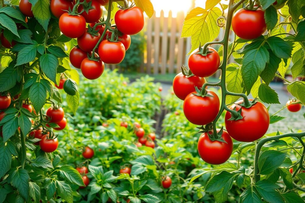 A lush, vibrant home garden filled with the best tomato varieties. In the foreground, clusters of juicy, ruby-red tomatoes hang from verdant vines, their surfaces glistening under the warm, golden sunlight. The middle ground showcases a variety of tomato plants, each with distinctive leaf shapes and sizes, creating a visually interesting tapestry. In the background, a neatly tended vegetable patch and a charming wooden fence frame the scene, conveying a sense of tranquility and care. The overall composition evokes the perfect balance of nature, productivity, and the joy of growing one's own delicious tomatoes.