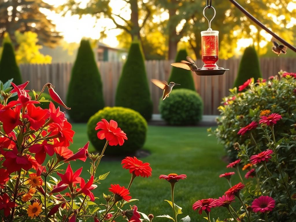 A lush, vibrant hummingbird garden bathed in warm, golden afternoon light. In the foreground, a variety of nectar-rich flowers - scarlet fuchsias, trumpet vines, and zinnias - sway gently in a light breeze. A hummingbird hovers gracefully, its iridescent feathers glimmering as it drinks from a feeder. In the middle ground, pruned and manicured shrubs and bushes provide sheltered perches. The background features a neatly trimmed lawn leading to a wooden fence, with tall trees beyond casting dappled shadows. An atmosphere of tranquility and harmony pervades the scene, inviting the viewer to step into this enchanting hummingbird oasis.