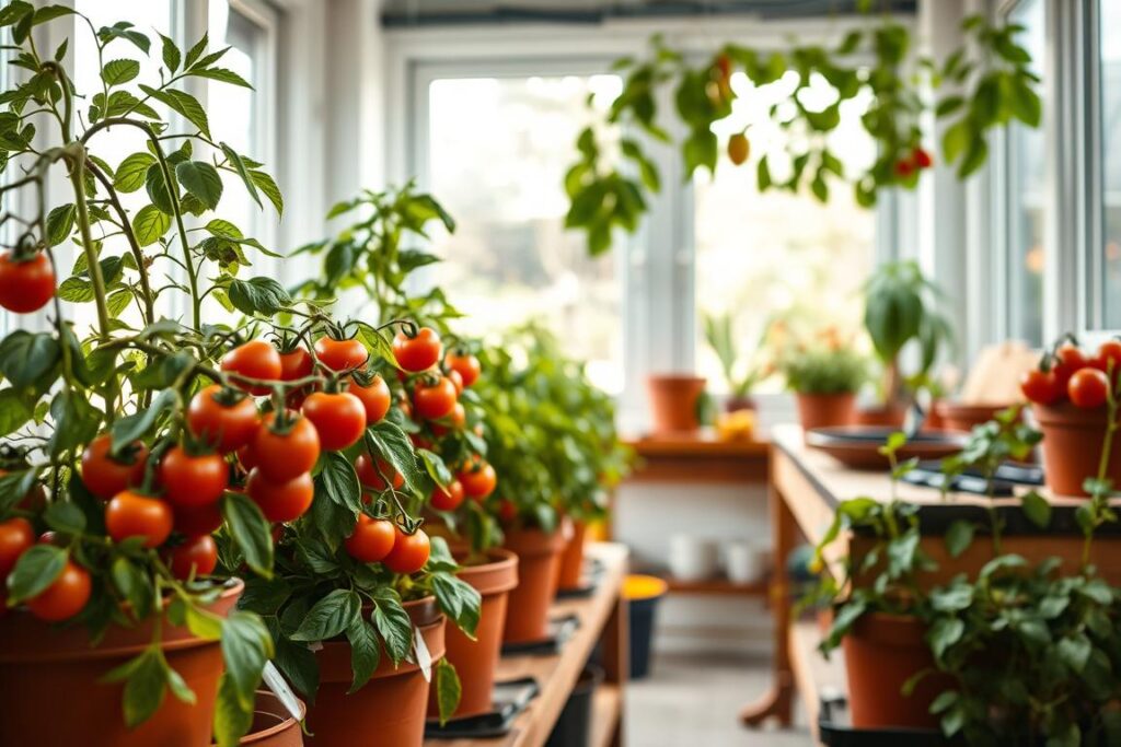 A lush, well-lit indoor container garden showcasing thriving tomato plants in terracotta pots. The foreground features a row of vibrant tomato vines cascading over the rims of the pots, their leaves and ripening fruit popping against a soft, diffused light. In the middle ground, a wooden potting bench holds a selection of gardening tools and supplies, while the background reveals a bright, airy room with large windows allowing natural illumination to bathe the scene. The overall composition conveys a sense of abundance, productivity, and the joys of urban gardening in a compact, space-efficient setup.