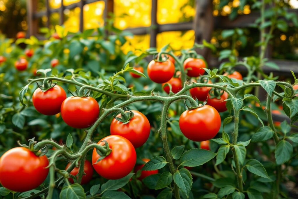 A lush, well-tended garden bed filled with vibrant, plump tomato plants. The foreground showcases several juicy red tomatoes in various stages of ripeness, their skins glistening under the warm, golden sunlight. The middle ground features the plants' verdant foliage, with gently curling leaves and sturdy stems. In the background, a rustic wooden fence or trellis provides support and structure, complementing the natural setting. The scene evokes a sense of abundance, freshness, and the joy of homegrown produce. Captured with a shallow depth of field, the image focuses the viewer's attention on the star of the scene - the tantalizing, garden-fresh tomatoes.