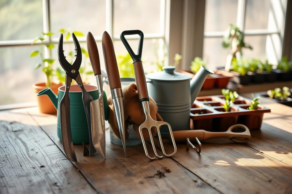 A neatly arranged still life of essential gardening tools on a rustic wooden surface, illuminated by soft natural light filtering through a window. In the foreground, a pair of sturdy pruning shears, a trowel, and a hand cultivator stand upright, their metal surfaces gleaming. In the middle ground, a watering can, a pair of gardening gloves, and a small garden fork create a harmonious composition. In the background, the silhouettes of potted plants and seedling trays suggest the tools' purpose in cultivating a thriving backyard vegetable garden. The overall mood is one of simplicity, functionality, and the joy of nurturing new growth.