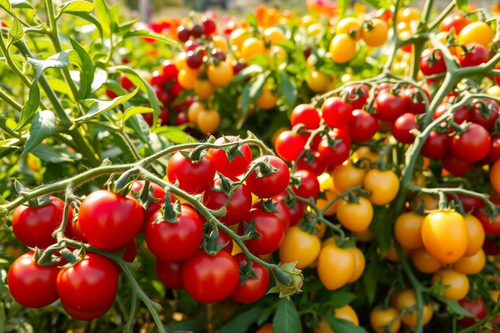 A vibrant assortment of cherry tomato varieties, their lush foliage and juicy orbs bathed in warm afternoon sunlight. In the foreground, ruby-red 'Sungold' tomatoes glisten, their stems intertwined with the verdant tendrils of 'Sweet 100' plants. In the middle ground, clusters of dusky-purple 'Black Cherry' and bright-yellow 'Lemon Drop' tomatoes dot the scene. The background features a riot of other heirloom cherry tomato types - 'Sweetie', 'Ildi', 'Jasper' - their colors ranging from deep crimson to pale orange, all captured with a soft, dreamy focus that evokes the tranquil beauty of a well-tended home garden.