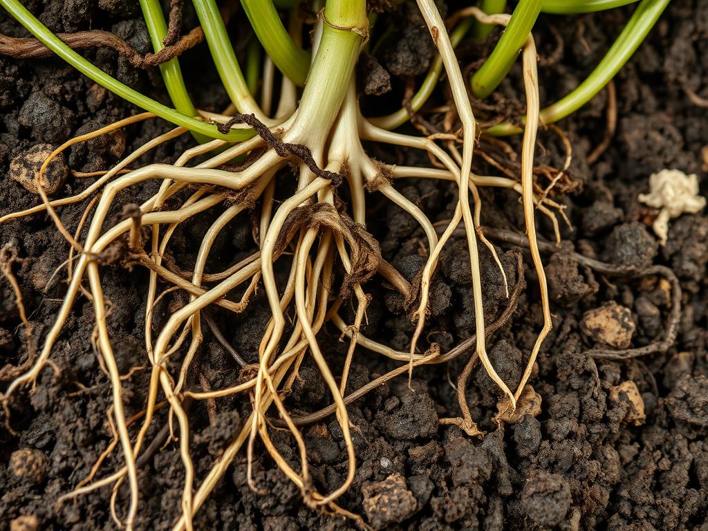 Detailed underground view of thriving plant roots and soil structure, showcasing the intricate web of fibrous roots intertwined with nutrient-rich organic matter. Crisp, high-resolution close-up photography style, with soft, warm lighting illuminating the earthy textures and hues. Emphasis on the symbiotic relationship between the plant's root system and the complex microbiome of the soil, illustrating the science behind plant partnerships. Minimal background, allowing the subject to be the focal point, conveying a sense of wonder and appreciation for the hidden workings of a healthy garden ecosystem.
