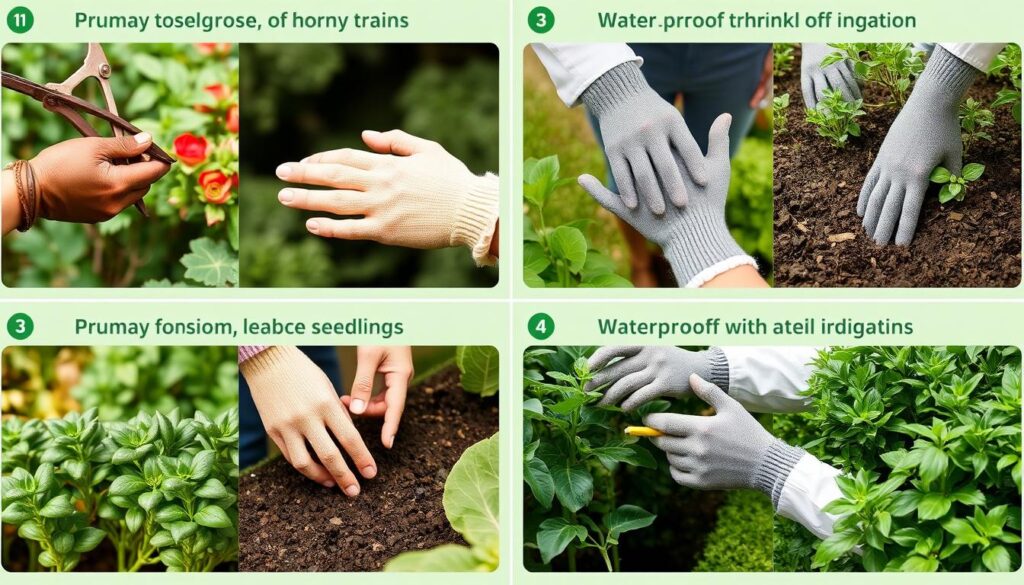 Different garden gloves being used for specialized tasks like pruning roses, transplanting seedlings, and handling soil - Garden Gloves 2025 Buyers Guide