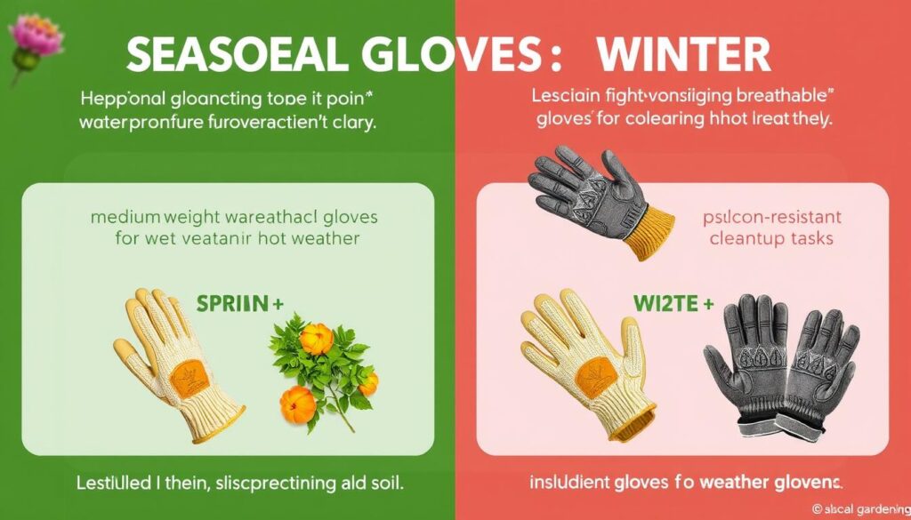 Different garden gloves recommended for each season showing appropriate protection for spring, summer, fall, and winter gardening - Garden Gloves 2025 Buyers Guide