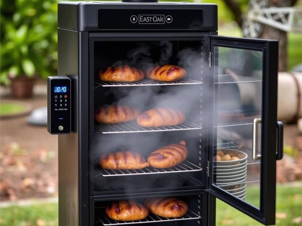 East Oak 30-inch Electric Smoker with digital controls and smoke visible through glass door - Top Pellet Smoker Grills for 2025