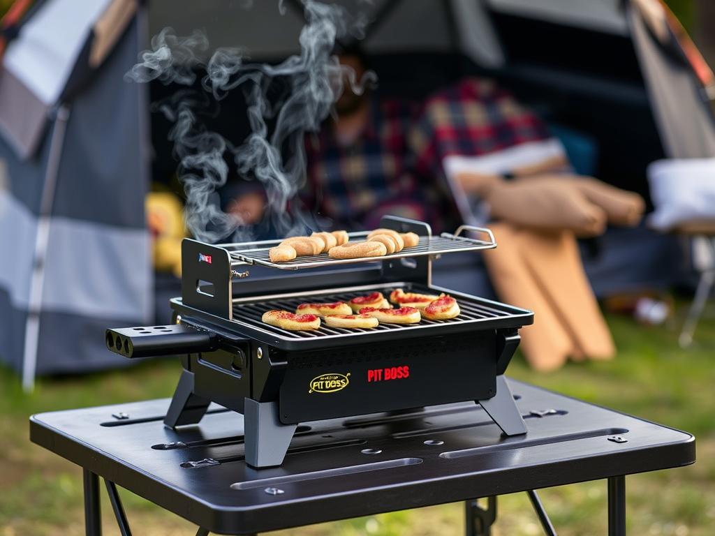 Pit Boss 10697 Table Top Wood Grill on a camping table with food cooking - Top Pellet Smoker Grills for 2025