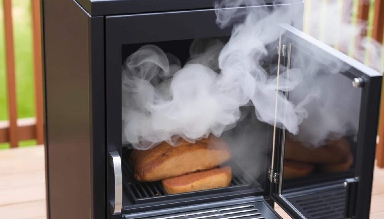 Pit Boss PBV3G1 Vertical Pellet Smoker with glass door and smoke rising - Top Pellet Smoker Grills for 2025