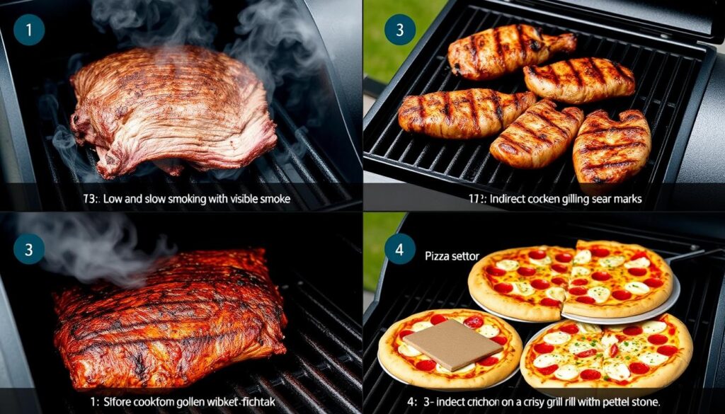 Various foods being cooked on a pellet grill showing different techniques - Top Pellet Smoker Grills for 2025