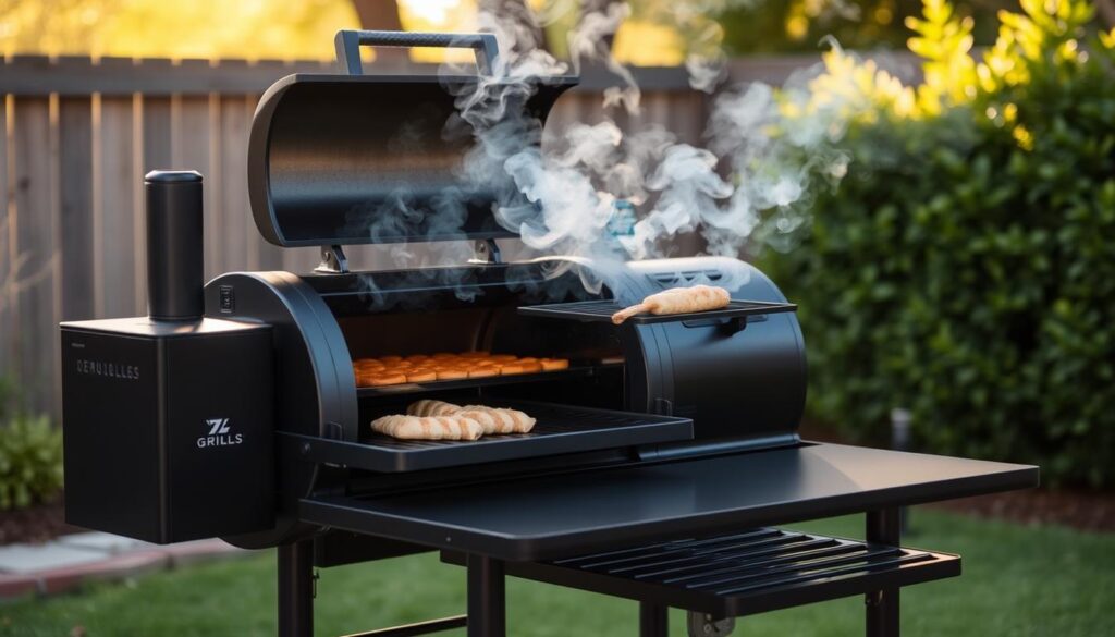 Z Grills ZPG-450A pellet grill with smoke rising and food cooking on grates - Top Pellet Smoker Grills for 2025
