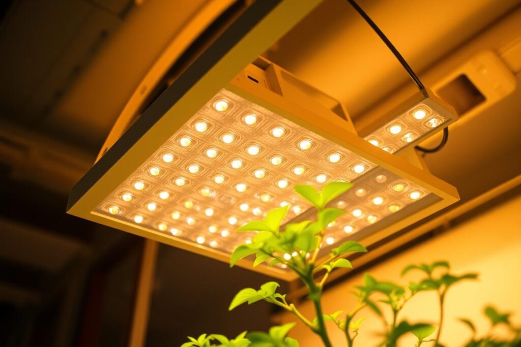 A close-up view of a modern LED plant grow light, with a sleek and minimalist design. The light is suspended from a sturdy metal frame, illuminating a lush, green plant below. The light's intense yet balanced spectrum casts a warm, natural glow, creating an ideal environment for indoor plant growth. The scene is photographed from a low angle, highlighting the light's efficient and functional form. The background is blurred, keeping the focus on the grow light and the thriving plant it nurtures, conveying a sense of controlled, intentional growth.