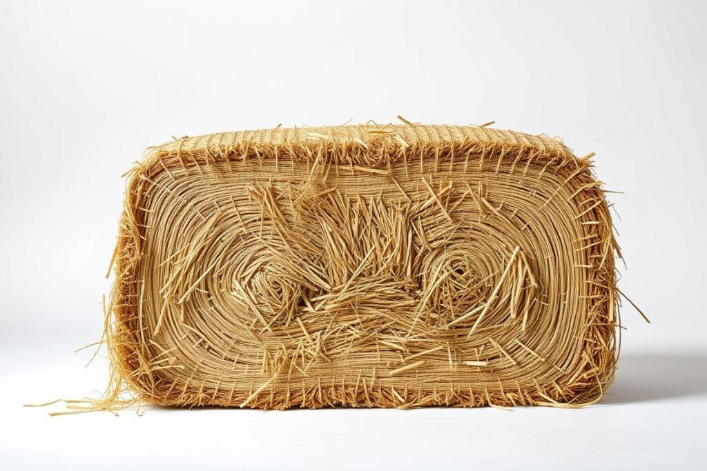 A cross-section of a straw bale, showcasing the conditioning process steps in a clean, well-lit studio setting. The bale is positioned at a slight angle, allowing a clear view of the internal layers. In the foreground, the surface of the bale is visible, with individual straws neatly arranged. The middle ground reveals the gradual decomposition of the inner layers, as the conditioning process takes effect. In the background, a clean, white backdrop provides a minimalist, yet informative, setting. Soft, directional lighting casts subtle shadows, emphasizing the texture and structure of the bale. The overall mood is one of informative clarity, highlighting the step-by-step nature of the conditioning process for straw bale gardening.