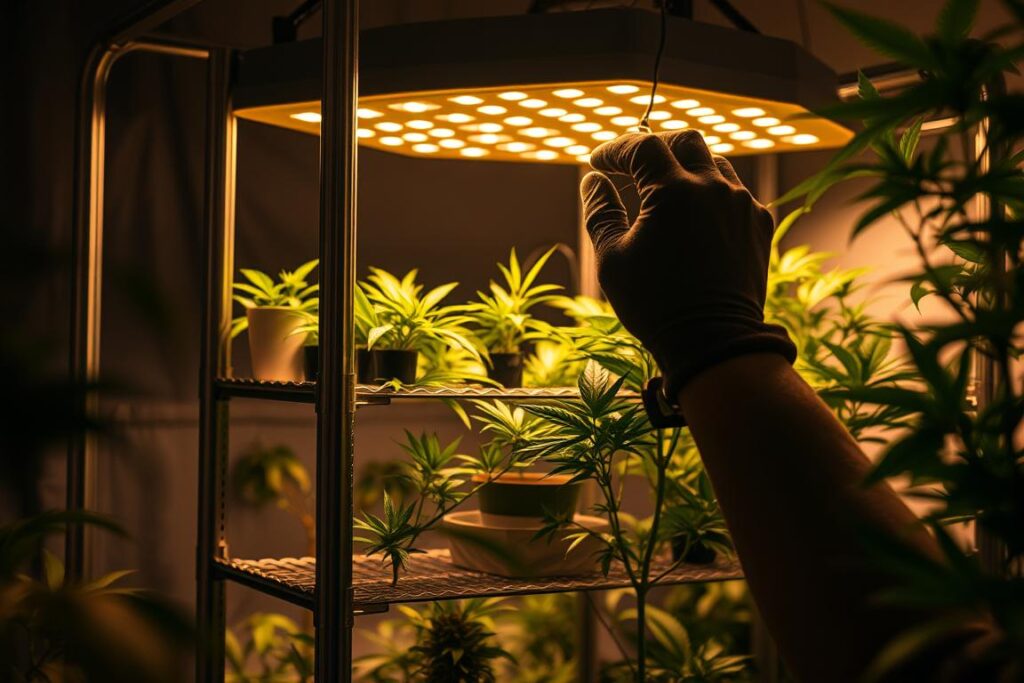 A dimly lit indoor grow room, the focus on a sturdy metal grow light stand. The stand's shelves hold a variety of lush, verdant plants, their leaves gently swaying under the warm glow of the LED grow lights above. The stand's frame is made of silver-toned aluminum, its sleek, modern design complementing the earthy tones of the surrounding environment. In the foreground, a pair of gloved hands tenderly adjusts the height of the grow lights, ensuring optimal light exposure for the plants. The background is softly blurred, conveying a sense of focus and attention to the task at hand. The overall scene exudes a sense of tranquility and care, reflecting the dedication required to maintain a thriving indoor grow-light setup.