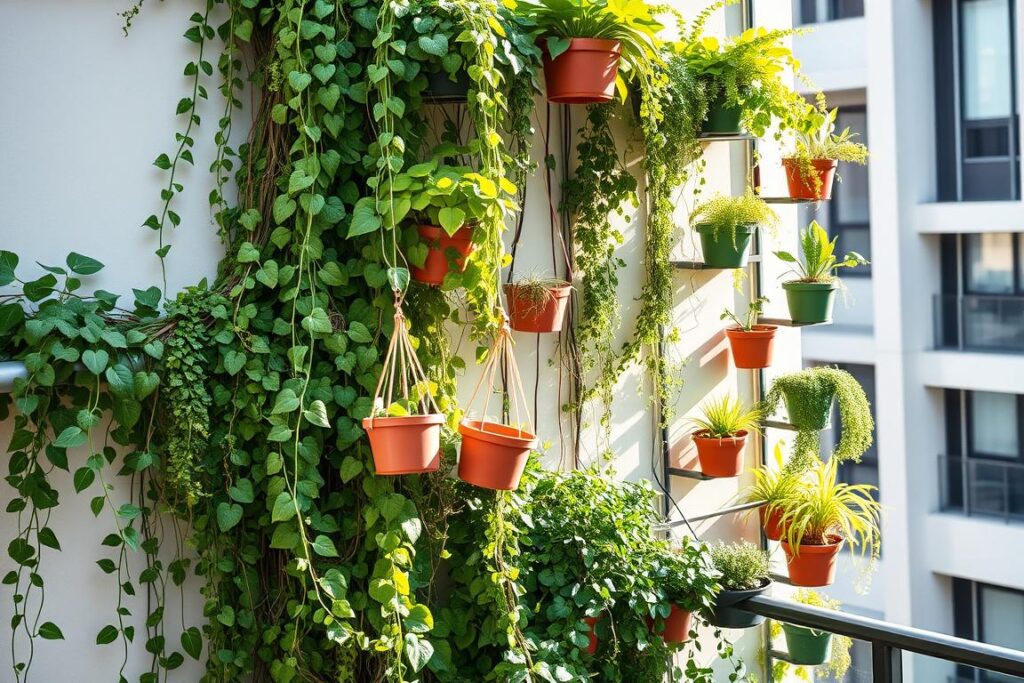 A lush, modern vertical garden cascading down a balcony wall, featuring a diverse array of trailing vines, hanging baskets, and tiered planter shelves. Bright, natural lighting filters through the foliage, casting dynamic shadows and highlights. The scene exudes a sense of tranquility and urban sustainability, showcasing clever space-saving techniques for apartment dwellers. Sleek metal or wooden structures support the layered plantings, creating an aesthetically pleasing and functional display. The overall composition emphasizes the versatility and visual appeal of vertical gardening as a space-saving solution for small-space living.