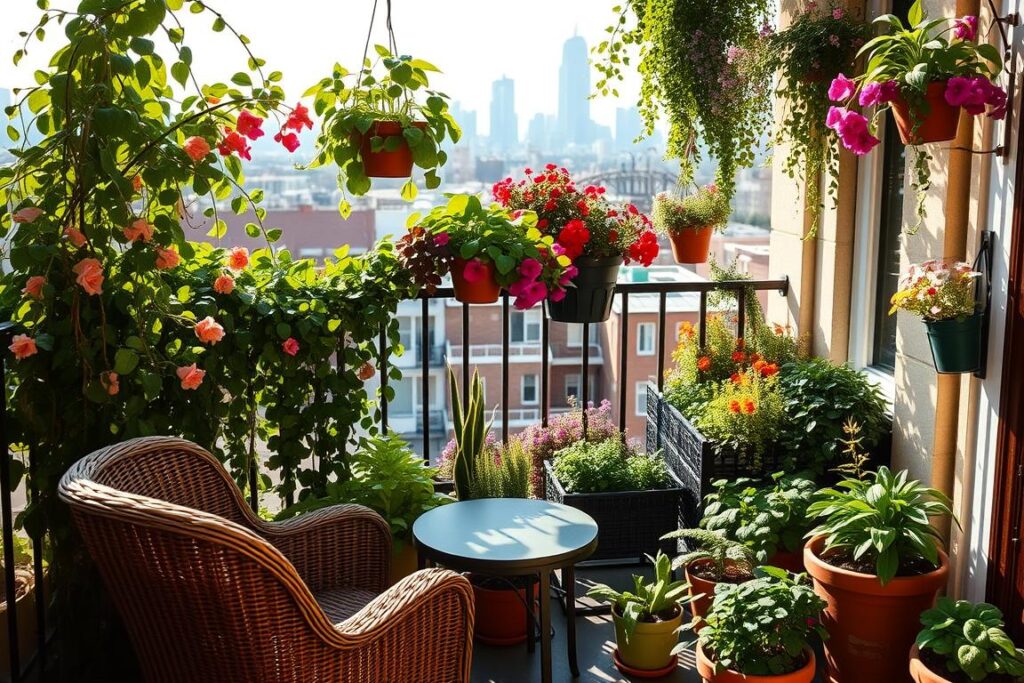 A lush, sun-drenched balcony overflowing with a vibrant array of potted plants and hanging baskets. In the foreground, a wicker chair and small table, inviting the viewer to sit and admire the verdant, thriving oasis. Trailing vines and cascading flowers spill over the balcony's edge, creating a sense of abundance and tranquility. The middle ground features neatly arranged planters showcasing a variety of leafy greens, herbs, and colorful blooms. In the background, the cityscape beyond the balcony's railings provides a captivating contrast, emphasizing the peaceful, self-contained nature of this urban garden. Warm, diffused lighting casts a gentle glow, evoking a serene, welcoming atmosphere.