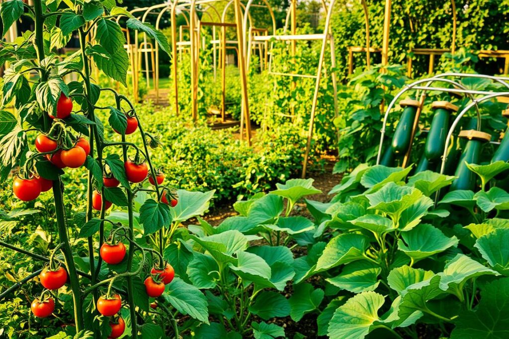 A lush, well-lit garden scene showcasing various plant support techniques. In the foreground, delicate tomato vines are carefully trellised, their leaves and ripe fruit casting soft shadows. In the middle ground, rows of staked bean plants stand tall, their tendrils curling around sturdy wooden frames. Towards the back, a tidy arrangement of cages and hoops support the sprawling growth of squash and cucumbers, their broad leaves creating a verdant tapestry. The lighting is warm and natural, highlighting the vibrant colors and textures of the healthy, thriving plants. The overall composition conveys a sense of order, care, and the harmonious integration of functional support structures within a visually appealing garden landscape.