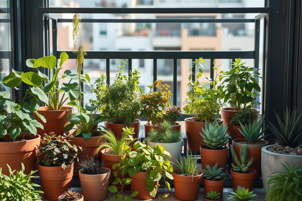A well-lit, stylized still life scene of an apartment balcony or windowsill featuring an assortment of lush, thriving container gardens. In the foreground, a variety of potted plants in a range of sizes, shapes, and textures - from leafy greens and vibrant flowers to trailing vines and compact succulents. The containers themselves are a mix of terracotta, ceramic, and modern minimalist designs in muted earthy tones. In the middle ground, the scene is framed by a sleek, metal shelving unit or wooden plant stand, creating a sense of organization and intentionality. The background features a softly blurred urban landscape, hinting at the small-space setting. The overall mood is one of tranquility, productivity, and a touch of rustic charm.