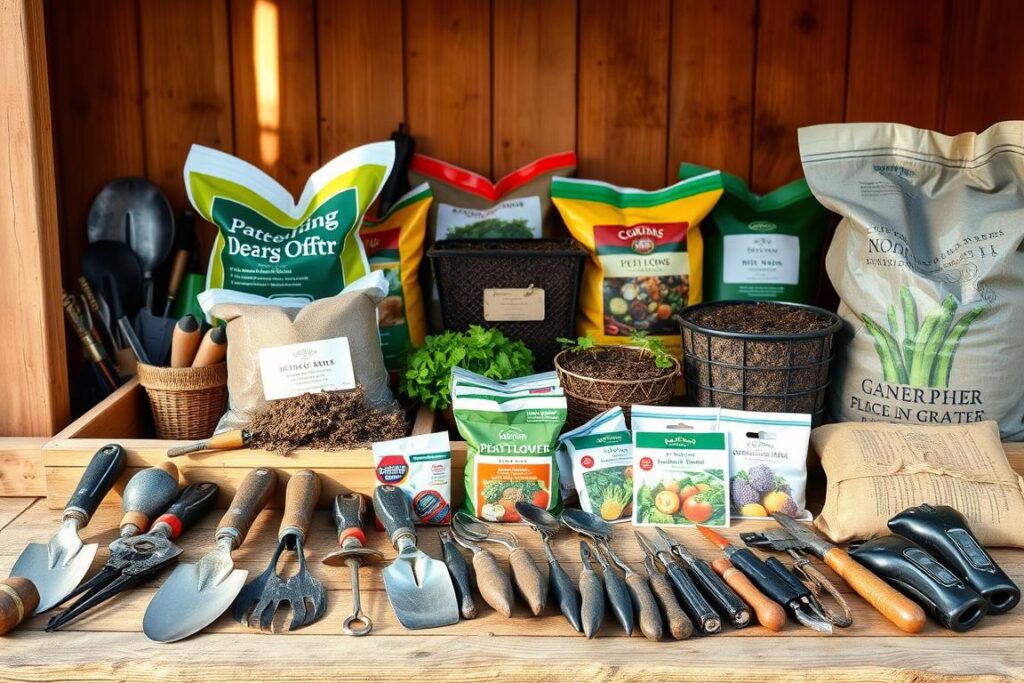 A well-organized and visually appealing setup of essential gardening tools and supplies. In the foreground, an array of hand tools including trowels, pruners, and gloves neatly arranged on a wooden surface. In the middle ground, several bags of potting soil, peat moss, and compost, complemented by packets of heirloom vegetable seeds. The background features a rustic wooden shed or potting bench, bathed in warm, natural lighting that casts soft shadows. The overall scene conveys a sense of order, functionality, and the joy of cultivating a sustainable garden.