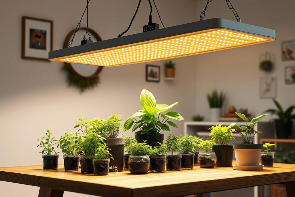 A well-organized indoor grow-light setup on a wooden table, with various potted plants and seedlings arranged neatly. The setup features a suspended array of LED grow lights providing a warm, even illumination that casts soft shadows on the table surface. In the foreground, several small plant containers with lush, thriving greenery, while the middle ground showcases a larger planter with a mature leafy plant. The background has a minimalist, clean aesthetic, with simple white walls and a few decorative elements that complement the natural theme. The overall scene conveys a sense of order, productivity, and a passion for indoor gardening.