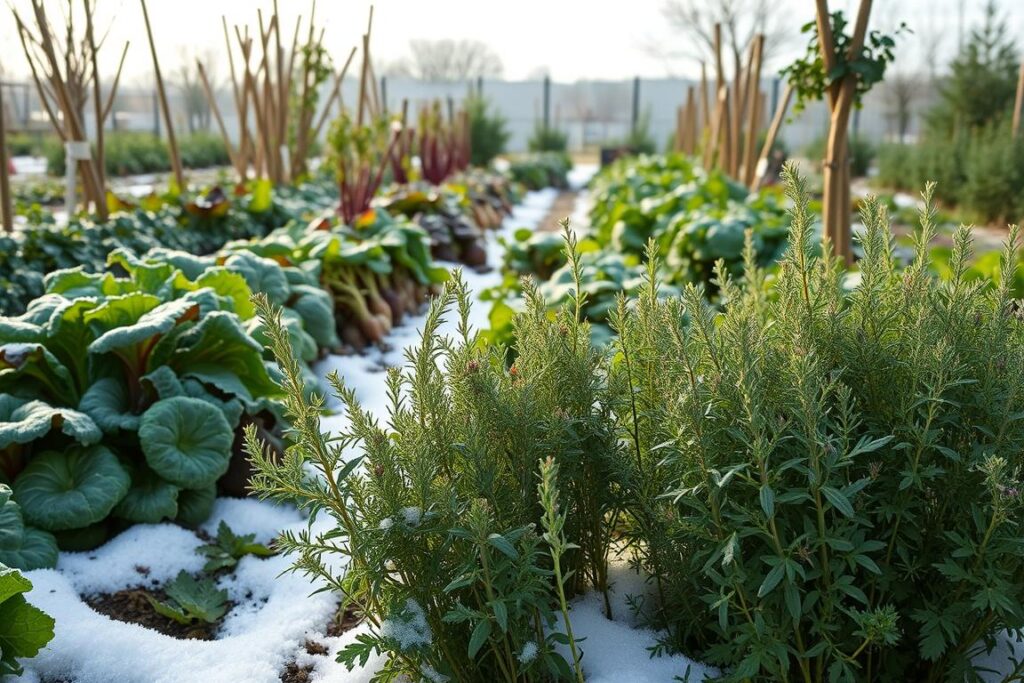 A cozy winter vegetable garden, filled with hardy greens, root veggies, and vibrant herbs. Rows of leafy kale, chard, and spinach peek out from beneath a light dusting of snow. Carrots, beets, and parsnips stand tall, their earthy hues contrasting the crisp white backdrop. In the foreground, a cluster of sage, rosemary, and thyme plants sway gently, their aromatic leaves still lush and green. Soft, diffused sunlight filters through wispy clouds, casting a warm, serene glow over the scene. The garden feels alive and abundant, even as the temperatures drop, promising a bountiful harvest for the discerning cook.