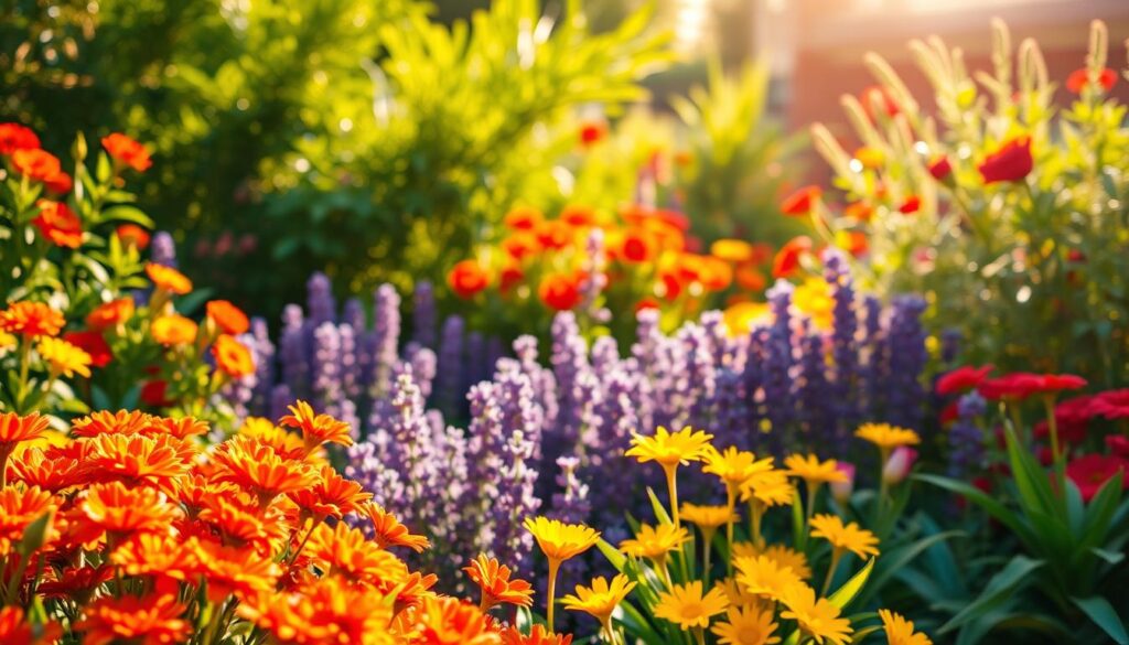 A lush, vibrant garden bathed in warm afternoon sunlight, showcasing the fundamental principles of color theory. In the foreground, a harmonious arrangement of complementary hues - vibrant reds, oranges, and yellows, offset by soothing greens and blues. The middle ground features a stunning display of analogous colors, with shades of purple and indigo blending seamlessly. In the background, a bold, contrasting palette of primary colors - intense red, bold blue, and vivid yellow - creates a dynamic and visually striking composition. The scene is captured with a wide-angle lens, emphasizing the depth and breadth of the garden's color palette. The overall mood is one of balance, harmony, and a celebration of the power of color in the natural world.