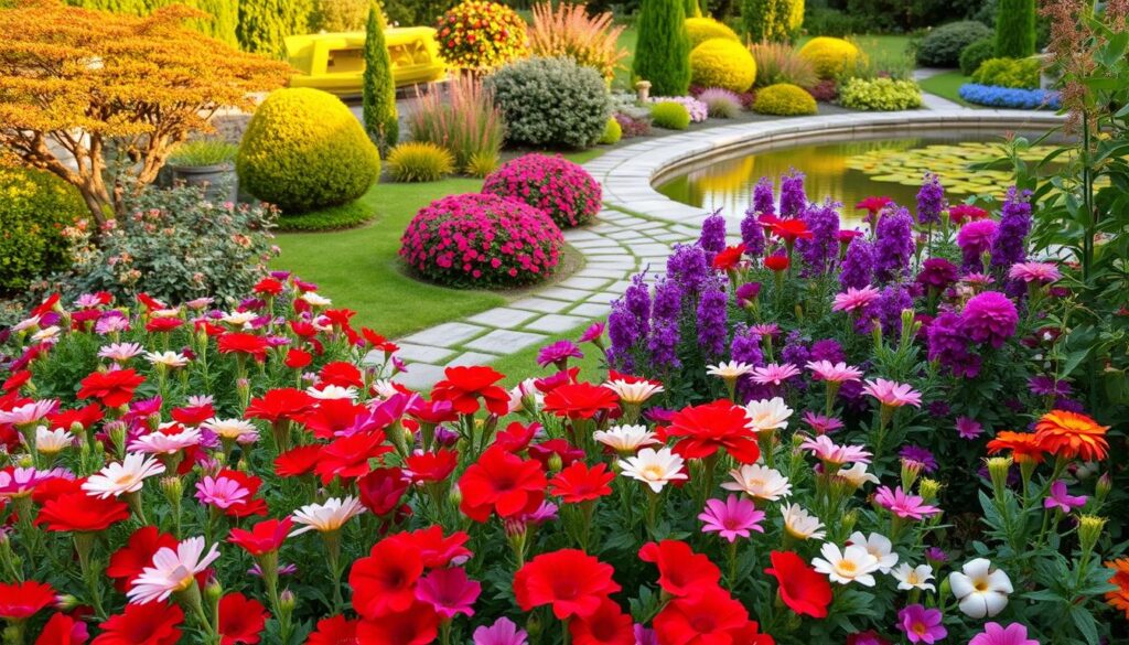 A lush, vibrant garden scene filled with a harmonious color composition. In the foreground, a bed of blooming flowers in a variety of hues, including bold reds, deep purples, and soft pastel shades. The middle ground features a winding stone path leading through a flourishing landscape, with strategically placed shrubs and ornamental trees providing pops of complementary colors. In the background, a tranquil pond reflects the natural beauty, its surface rippling gently under the warm, golden sunlight. The overall scene exudes a sense of serenity and balance, showcasing how thoughtful use of color can elevate a garden's aesthetic appeal.