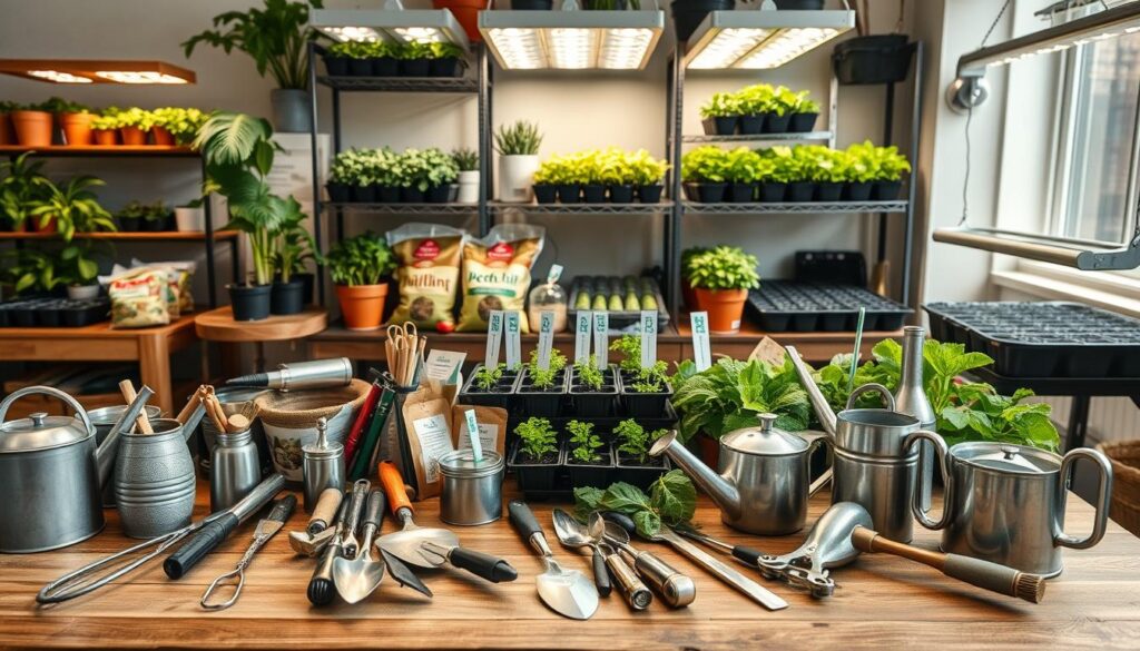 A neatly organized display of essential indoor gardening supplies. In the foreground, various gardening tools such as trowels, pruners, and watering cans are arranged on a wooden table, their metallic surfaces gleaming under soft, diffused lighting. In the middle ground, a variety of potting mixes, seed trays, and plant markers are showcased, hinting at the preparation needed for a successful indoor salad garden. The background features shelves stocked with seedling trays, grow lights, and other specialized equipment, all placed in a cozy, well-lit indoor setting that evokes a sense of tranquility and productivity.