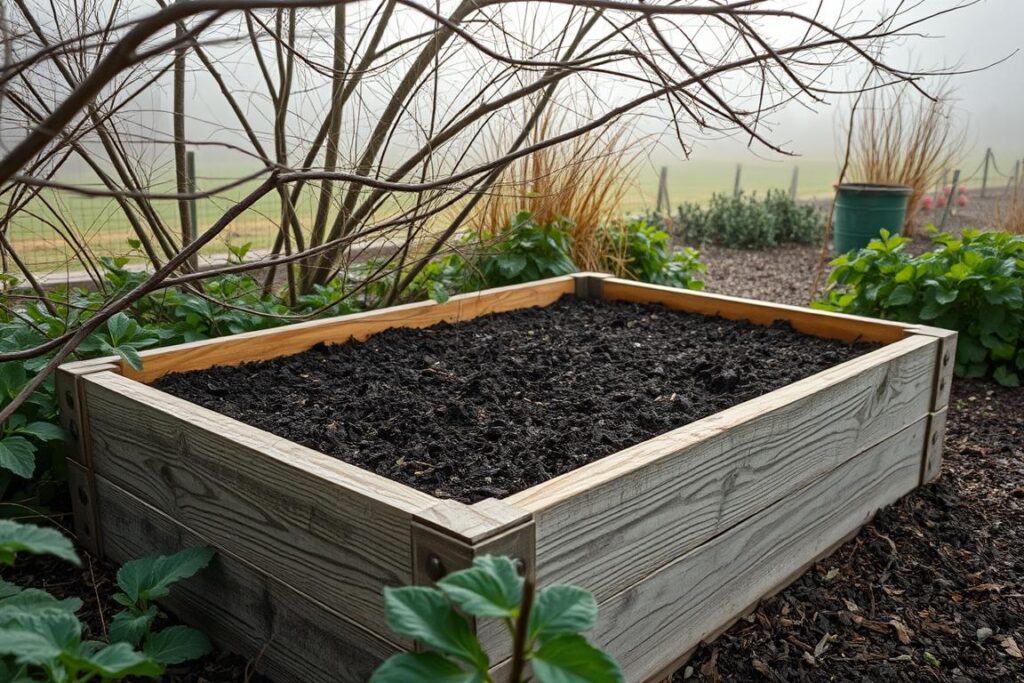 A raised garden bed, its timber frame weathered by time, nestled amidst lush greenery. The soil within, dark and rich, ready to nurture the winter crops. Overhead, a soft, diffused light filters through the bare branches, casting gentle shadows across the scene. In the background, a subtle mist adds depth and tranquility, hinting at the coming seasons. The angle captures the bed's elegant proportions, inviting the viewer to imagine the bounty it will yield. Textures and details abound, from the rough-hewn wood to the mulch-covered surface, creating a sense of tactile engagement. This is a scene of quiet preparation, a promise of the garden's renewal in the months ahead.