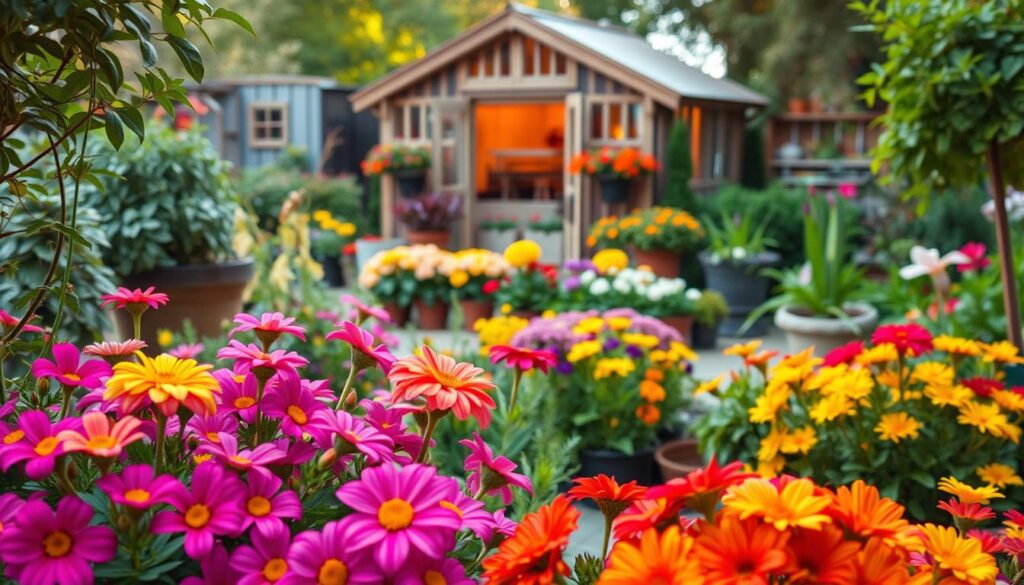 A vibrant, artfully composed garden color palette planning scene. In the foreground, lush, vividly hued flowers in shades of pink, purple, and yellow bloom amid verdant foliage. In the middle ground, a well-curated selection of potted plants and flower beds create a harmonious color scheme. The background features a rustic garden shed or greenhouse, softly illuminated by warm, natural lighting. The overall atmosphere is one of carefully considered, visually striking garden design, inspiring the viewer to thoughtfully plan their own color palette. Framed by a dreamy, atmospheric backdrop, this scene captures the essence of "Planning Your Garden's Color Palette".