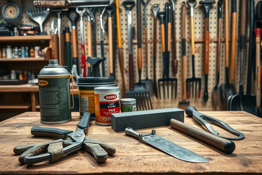 A well-lit workshop with various winter gardening tools neatly arranged on a wooden workbench. In the foreground, a pair of sturdy gardening gloves, pruning shears, and a hand trowel. In the middle ground, a can of metal polish, an oiled whetstone, and a collection of screwdrivers and wrenches. In the background, a pegboard displaying an array of rakes, shovels, and other implements, all gleaming and ready for the upcoming winter tasks. The scene conveys a sense of organization, preparedness, and the pride of maintaining one's essential tools for the garden.