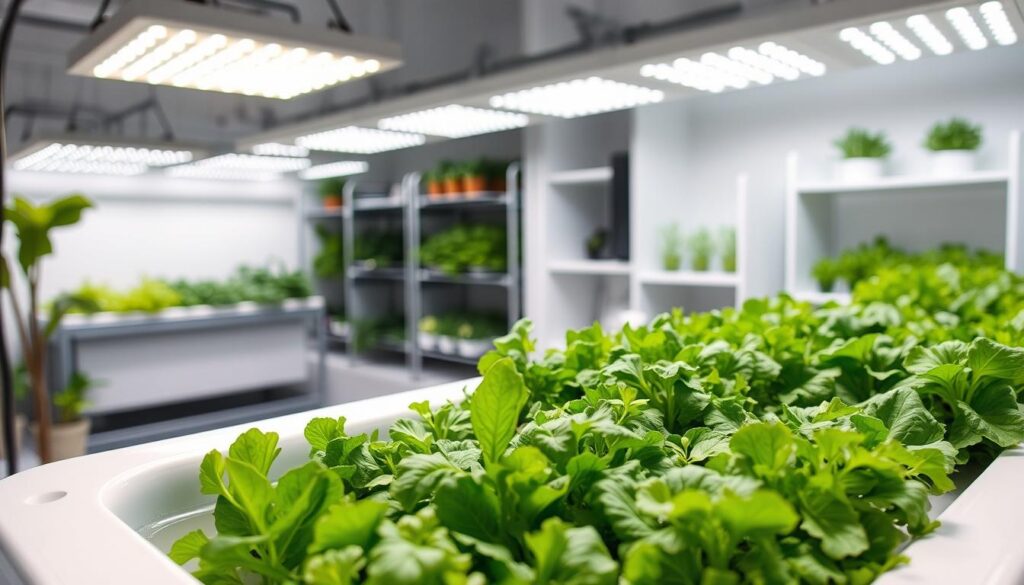 a well-lit indoor hydroponic growing setup, with lush leafy greens and herbs thriving under a carefully positioned array of full-spectrum LED lights, conveying a sense of scientific precision and sustainable urban farming; in the foreground, a close-up view of a nutrient-rich water-filled trough supporting a variety of vibrant, neatly arranged salad crops; in the background, a glimpse of a compact, minimalist grow-room design with clean white walls and efficient shelving, evoking a modern, high-tech aesthetic for Peter Burke's innovative indoor growing method