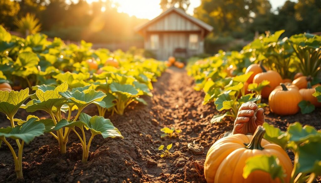 A lush pumpkin patch bathed in warm, golden afternoon light. In the foreground, soil-caked hands tenderly tend to young pumpkin seedlings, planting them with care. The middle ground reveals rows of thriving pumpkin vines, their large, green leaves rustling in a gentle breeze. In the background, a picturesque garden shed stands, its weathered wooden siding complementing the earthy tones. Heirloom pumpkin varieties dot the scene, their vibrant orange hues hinting at the bountiful harvest to come. An atmosphere of peaceful productivity pervades the idyllic setting, inviting the viewer to imagine the fulfillment of a successful pumpkin cultivation journey.