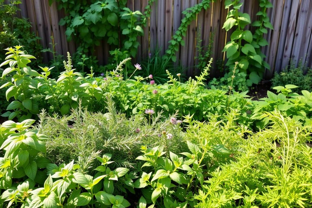 A lush, thriving herb garden with a variety of fragrant plants arranged in neat rows. The foreground features flourishing basil, rosemary, and thyme, their verdant leaves gently swaying in the soft breeze. In the middle ground, a mix of parsley, chives, and oregano create a colorful tapestry, their delicate flowers dotting the scene. The background showcases a rustic wooden fence, weathered by time, providing a natural backdrop to the vibrant greenery. Warm, diffused sunlight filters through the leaves, casting a gentle glow over the entire garden. The overall atmosphere is one of tranquility and abundance, inviting the viewer to imagine the flavorful culinary possibilities of this well-tended herb oasis.