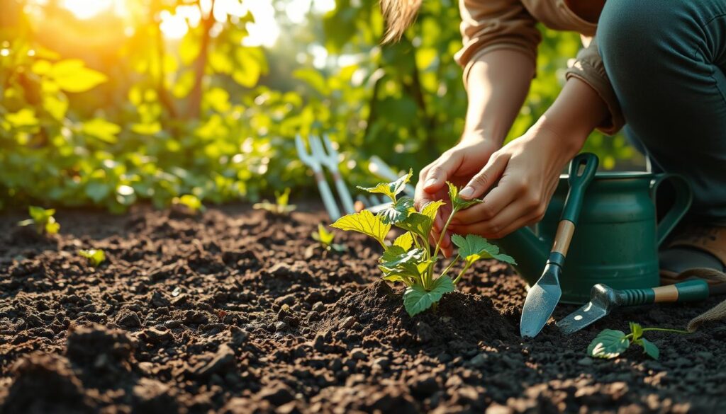 A lush, verdant garden backdrop sets the stage, with rich, dark soil ready for planting. In the foreground, a gardener kneels, gently placing a vibrant pumpkin seedling into a carefully prepared hole, their hands cradling the delicate plant. Sunlight filters through the leaves above, casting a warm, golden glow over the scene. In the middle ground, a collection of gardening tools - trowels, gloves, and a watering can - stand ready to assist in the task at hand. The overall atmosphere conveys a sense of tranquility and attentive care, perfectly capturing the essence of "Planting Your Pumpkin Patch".