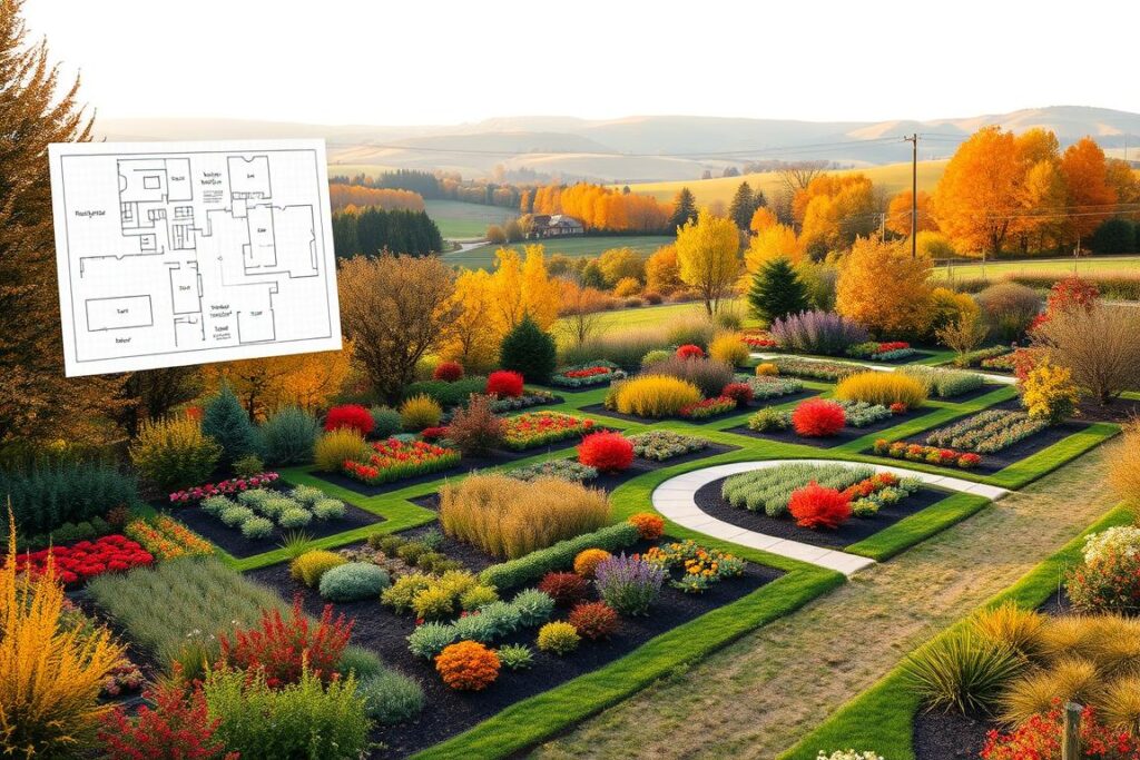A meticulously designed garden layout plan, showcasing a harmonious arrangement of vibrant fall foliage, lush vegetation, and well-defined pathways. The foreground features a detailed sketch of the garden blueprint, complete with thoughtfully placed flower beds, vegetable patches, and meandering walkways. The middle ground portrays a picturesque scene of the garden in full autumn splendor, with a rich tapestry of golden, crimson, and russet hues complementing the layout. The background reveals a serene countryside backdrop, with rolling hills and a soft, diffused lighting that creates a warm, inviting atmosphere. The overall composition conveys a sense of tranquility, organization, and the perfect balance between form and function, ideal for planning a bountiful fall garden.